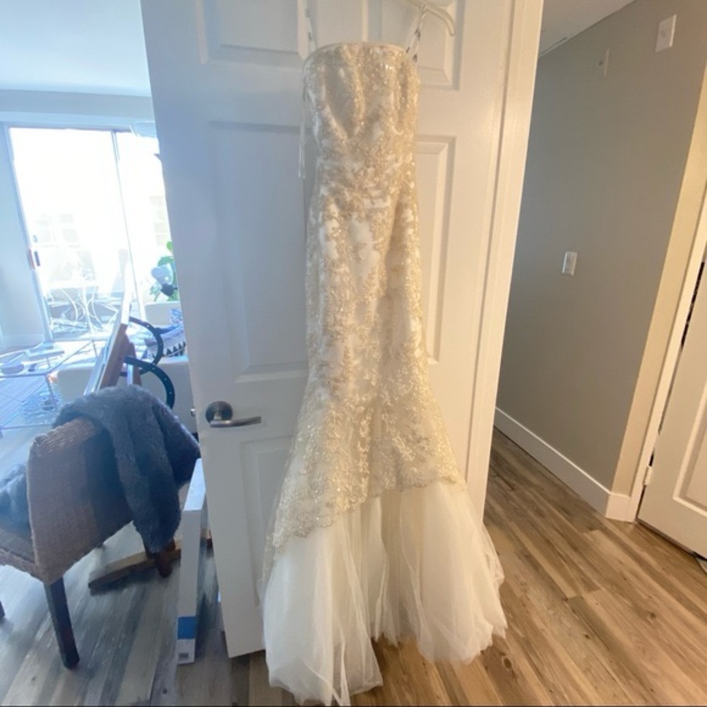 Tiffany Designs Cream and White lace Dress, mermaid style, prom or wedding